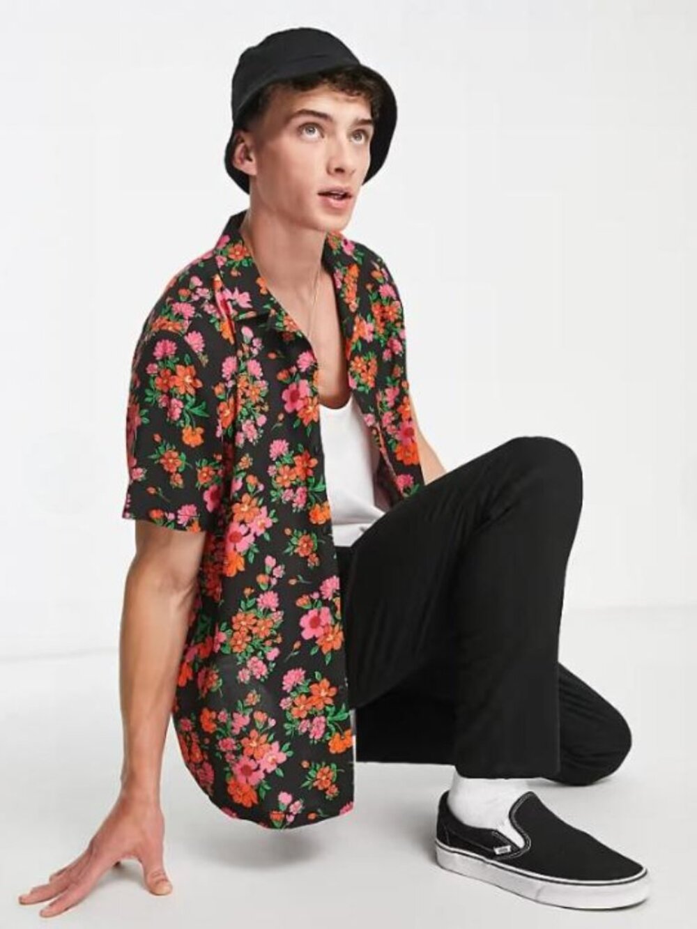 ASOS DESIGN Pink Orange Floral Print Black Relaxed Revere Shirt 117607577